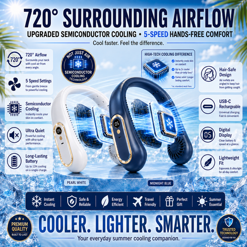 ❄️ 2026 Semiconductor Neck Cooling Fan – Cool-Touch Plate, 720° Airflow & Hands-Free Summer Comfort