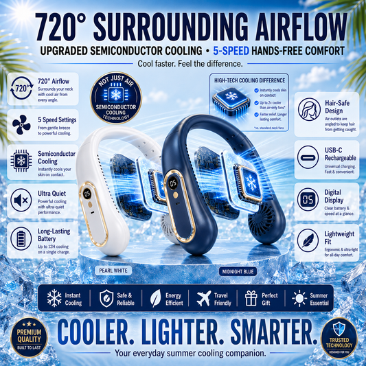 ❄️ 2026 Semiconductor Neck Cooling Fan – Cool-Touch Plate, 720° Airflow & Hands-Free Summer Comfort