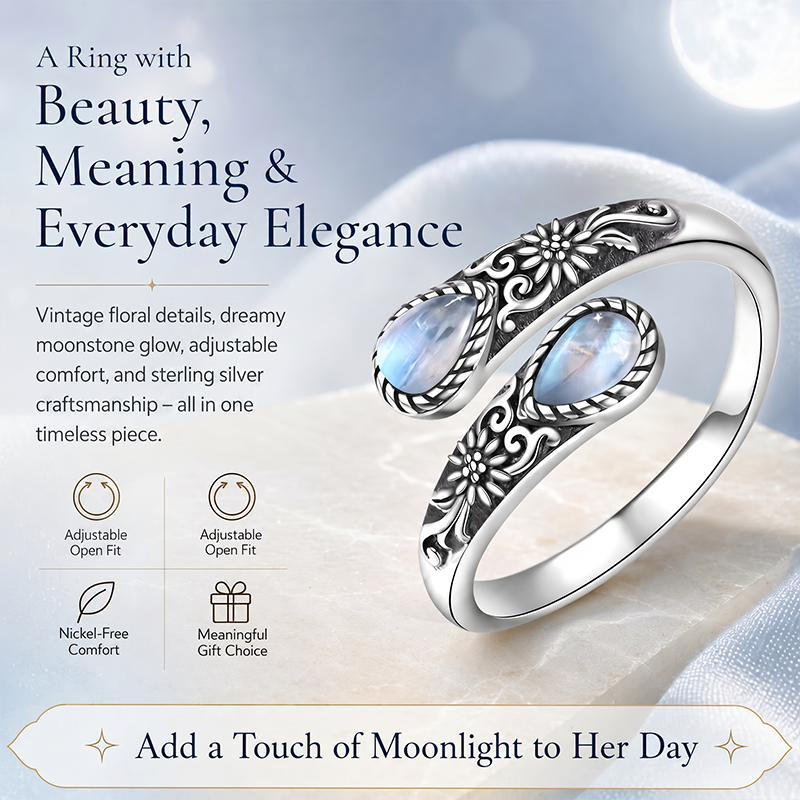 🎁💖🌙Moonstone Bloom Ring | Vintage Style • Adjustable Fit • Timeless Elegance