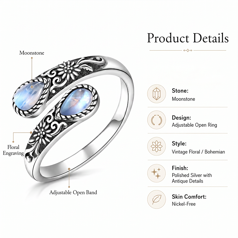 🎁💖🌙Moonstone Bloom Ring | Vintage Style • Adjustable Fit • Timeless Elegance
