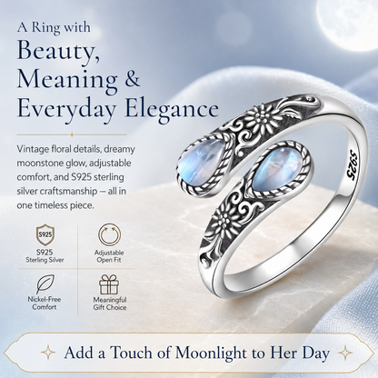 🎁💖🌙Moonstone Bloom Ring | Vintage Style • Adjustable Fit • Timeless Elegance
