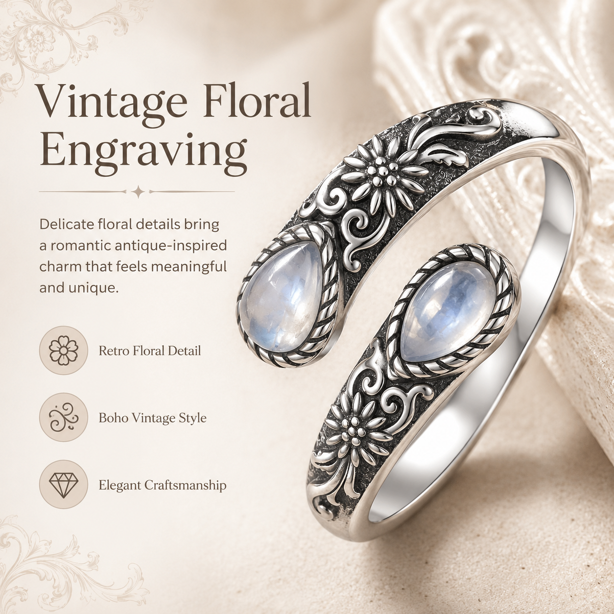 🎁💖🌙Moonstone Bloom Ring | Vintage Style • Adjustable Fit • Timeless Elegance