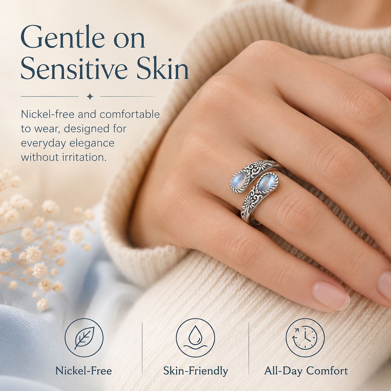 🎁💖🌙Moonstone Bloom Ring | Vintage Style • Adjustable Fit • Timeless Elegance